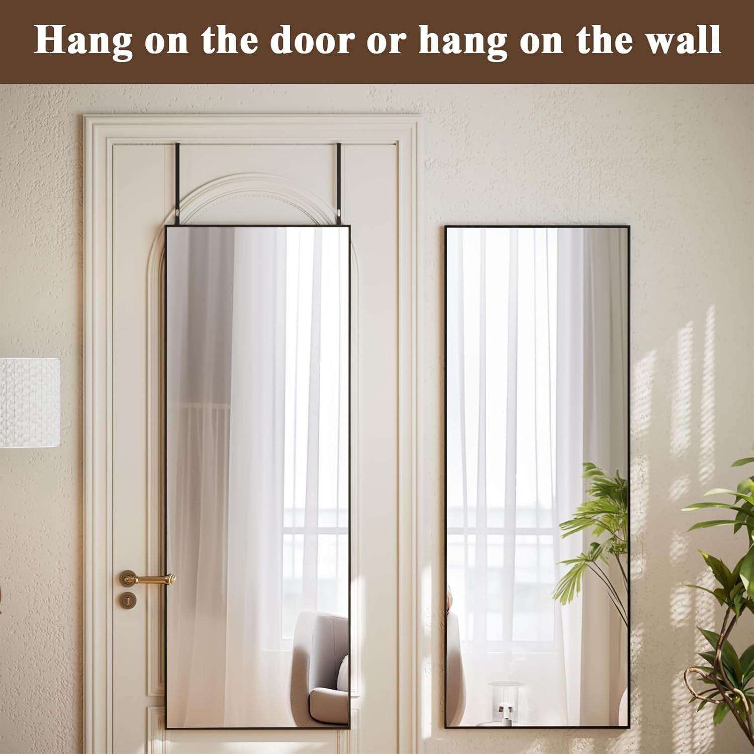 16 x 50 Adjustable Height Over The Door Mirror - Rectangular Full Length Hanging Door Mirror with Shatterproof Tempered Glass Black Metal Frame for Dormitory